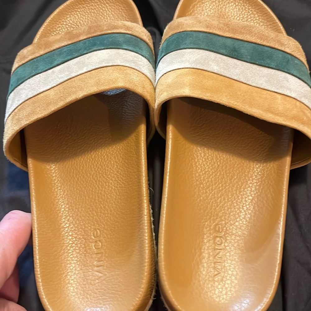 Vince ALISA Slide blue tan and green stripe leather sandals size 10 amazing !